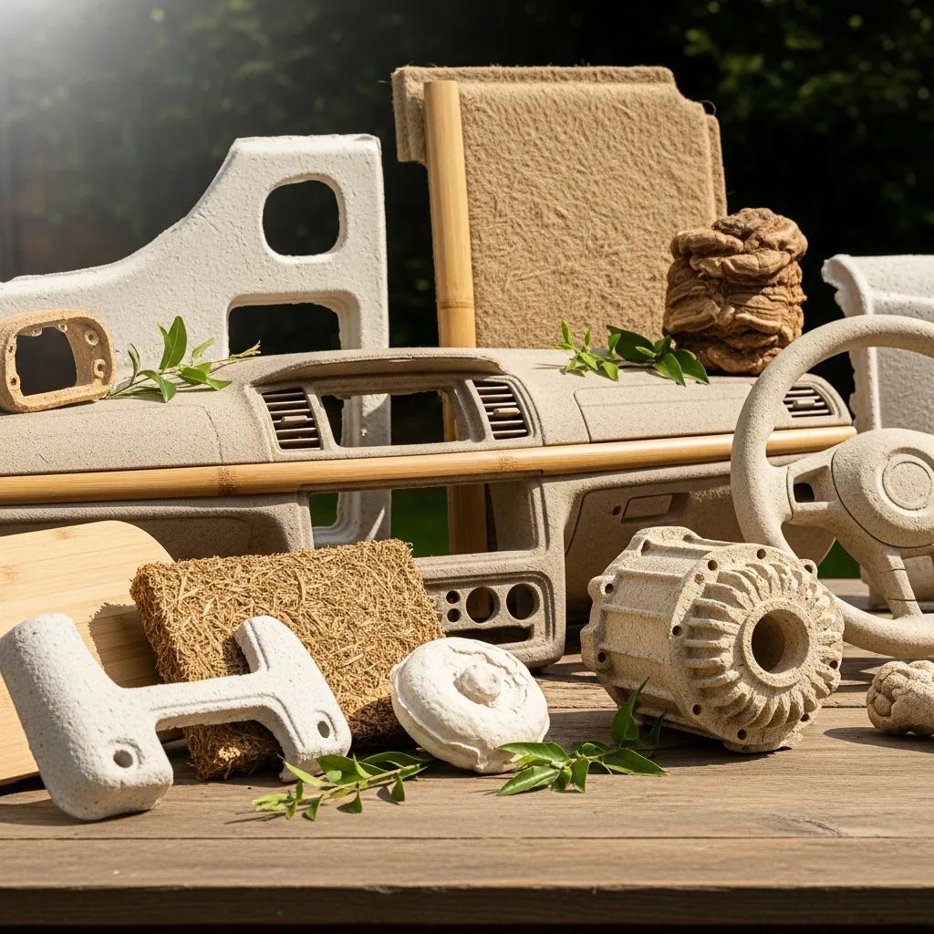 Biodegradable car parts showcasing natural textures and eco-friendliness