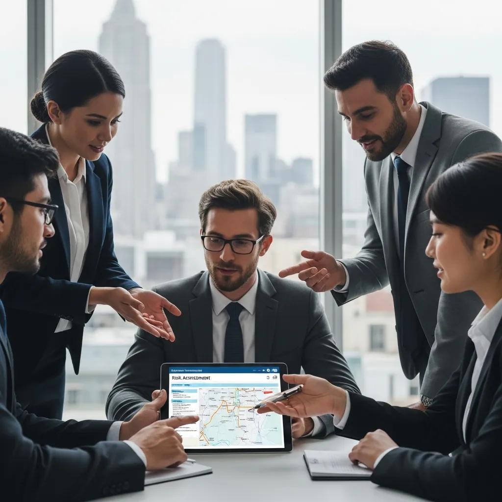 Business team discussing corporate travel risk management strategies in a modern office