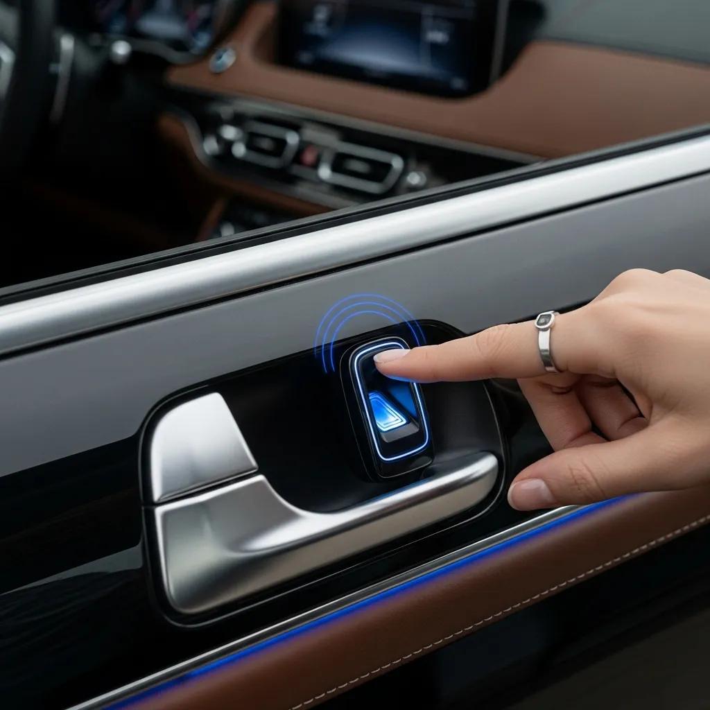 Close-up of a fingerprint scanner on a luxury car door emphasizing security and convenience