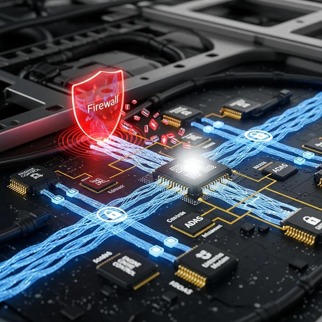 Close-up of vehicle network system illustrating security measures against unauthorized access