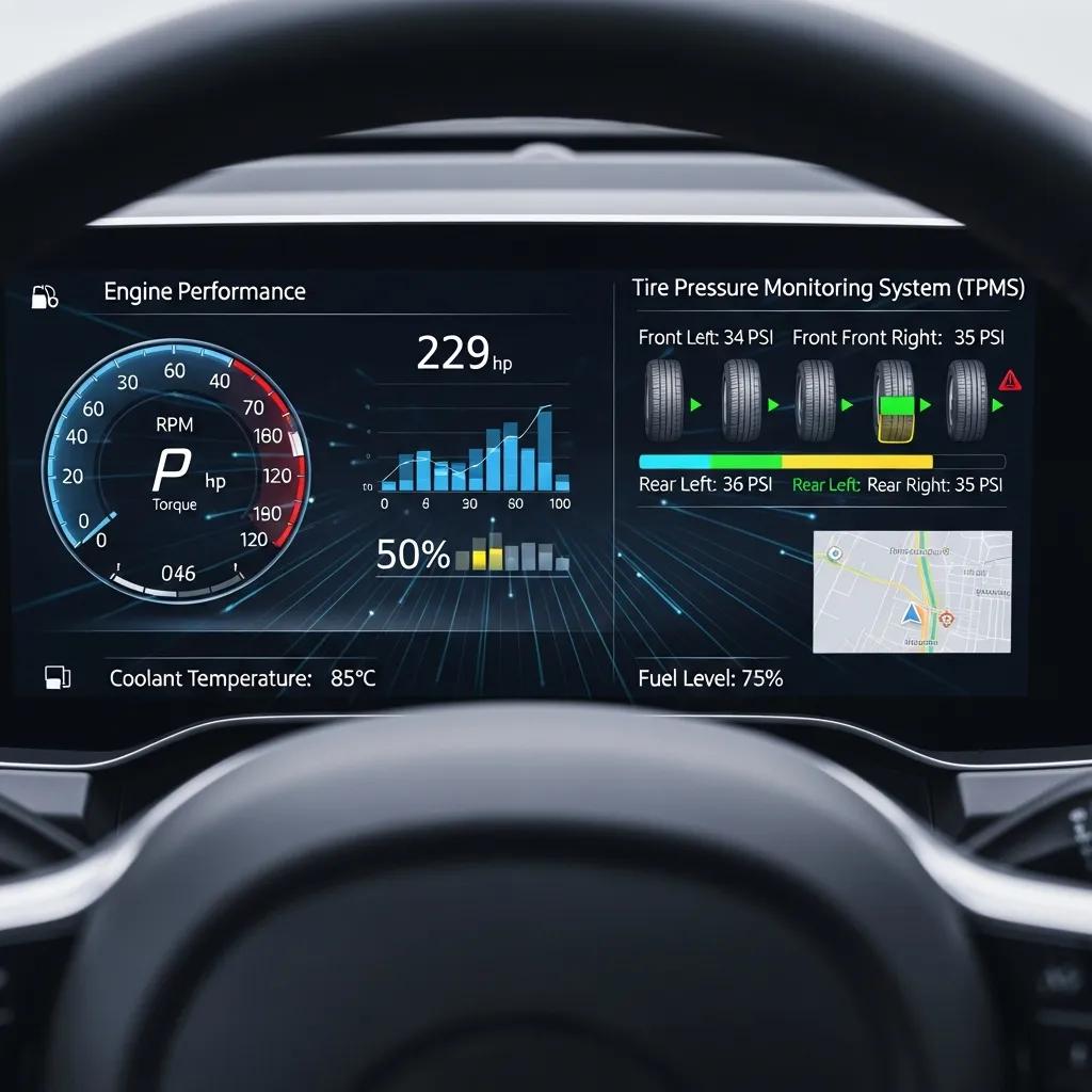 Dashboard display of real-time vehicle monitoring metrics, highlighting preventive care in automotive