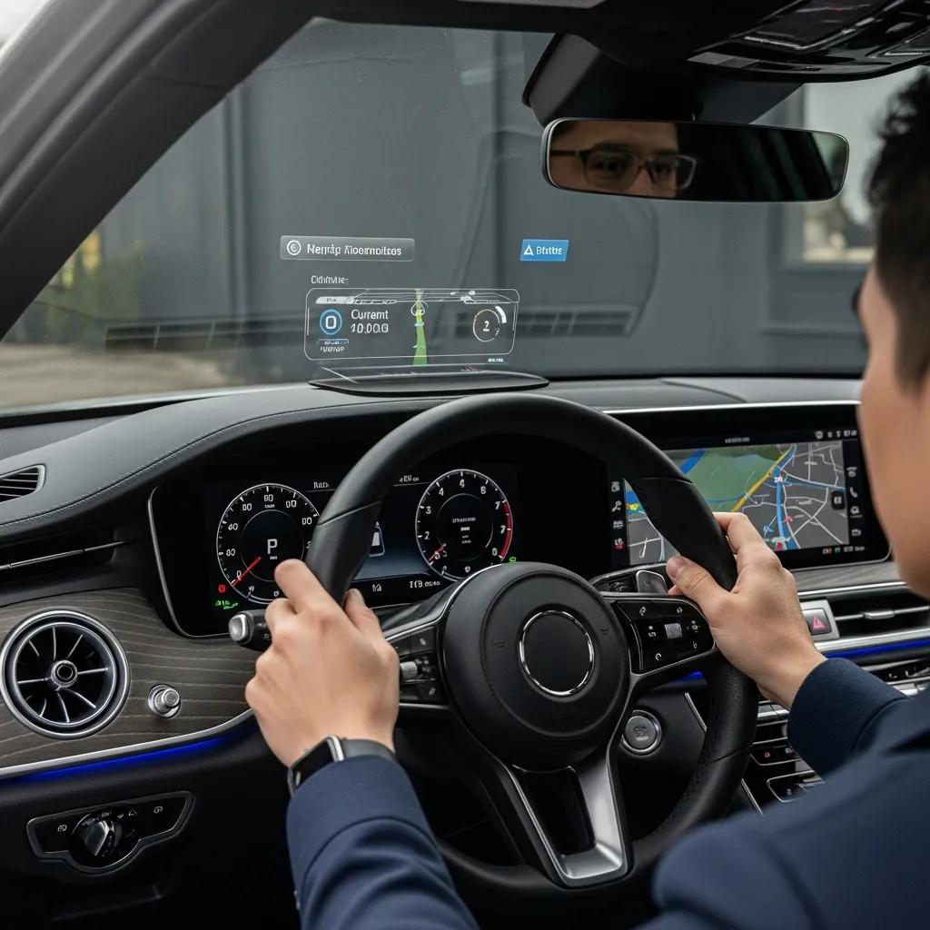 Driver using augmented reality head-up display in a luxury vehicle