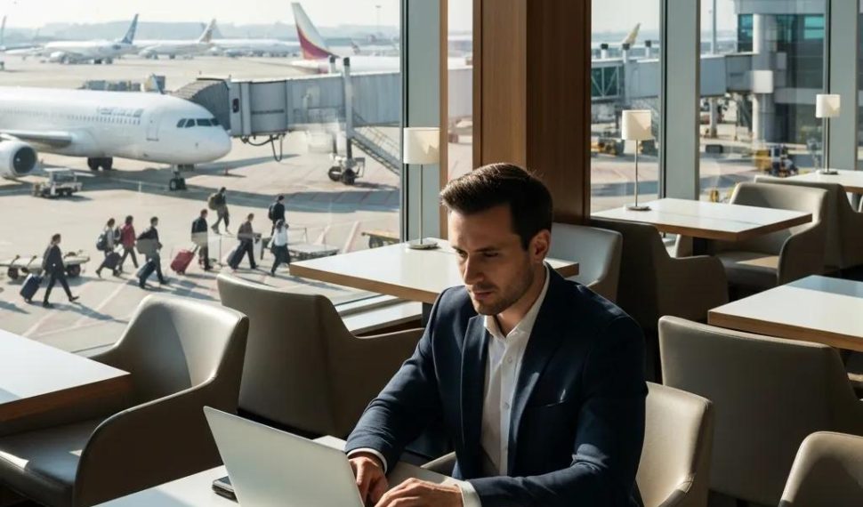 Executive working in an airport lounge, representing corporate travel management and productivity