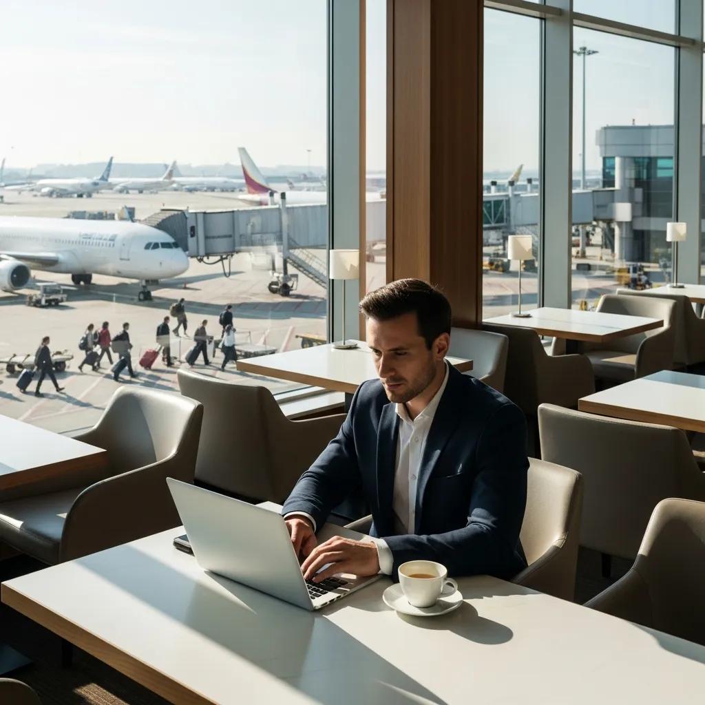 Executive working in an airport lounge, representing corporate travel management and productivity