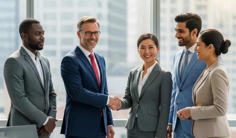 Executives engaging in a handshake, representing global business etiquette and professionalism