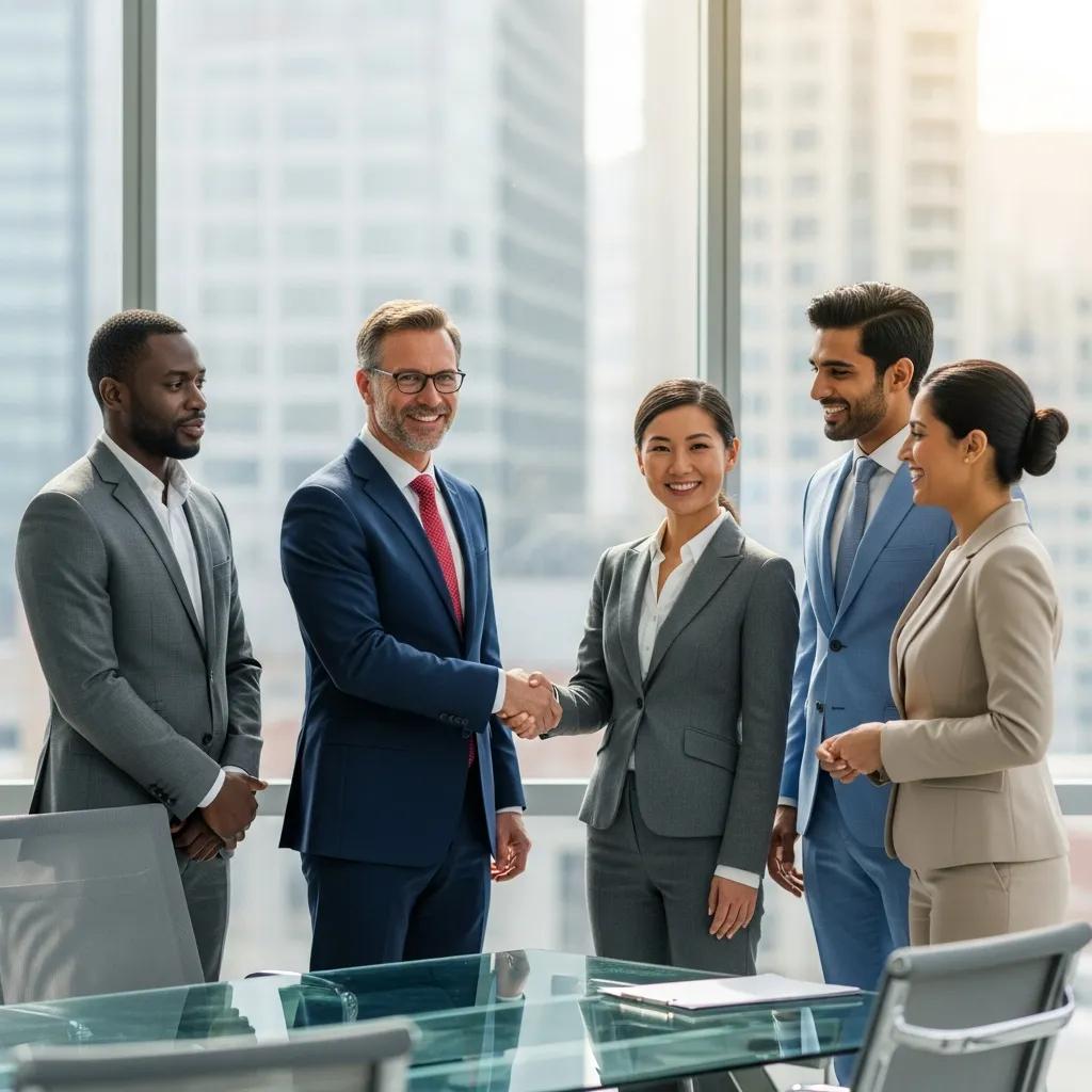 Executives engaging in a handshake, representing global business etiquette and professionalism
