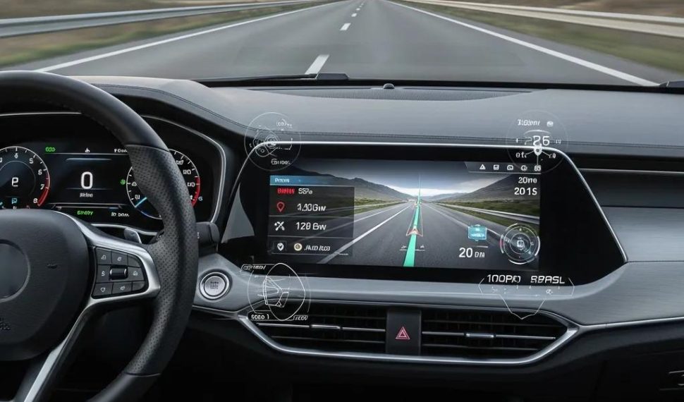 Futuristic car dashboard with augmented reality displays enhancing driving experience