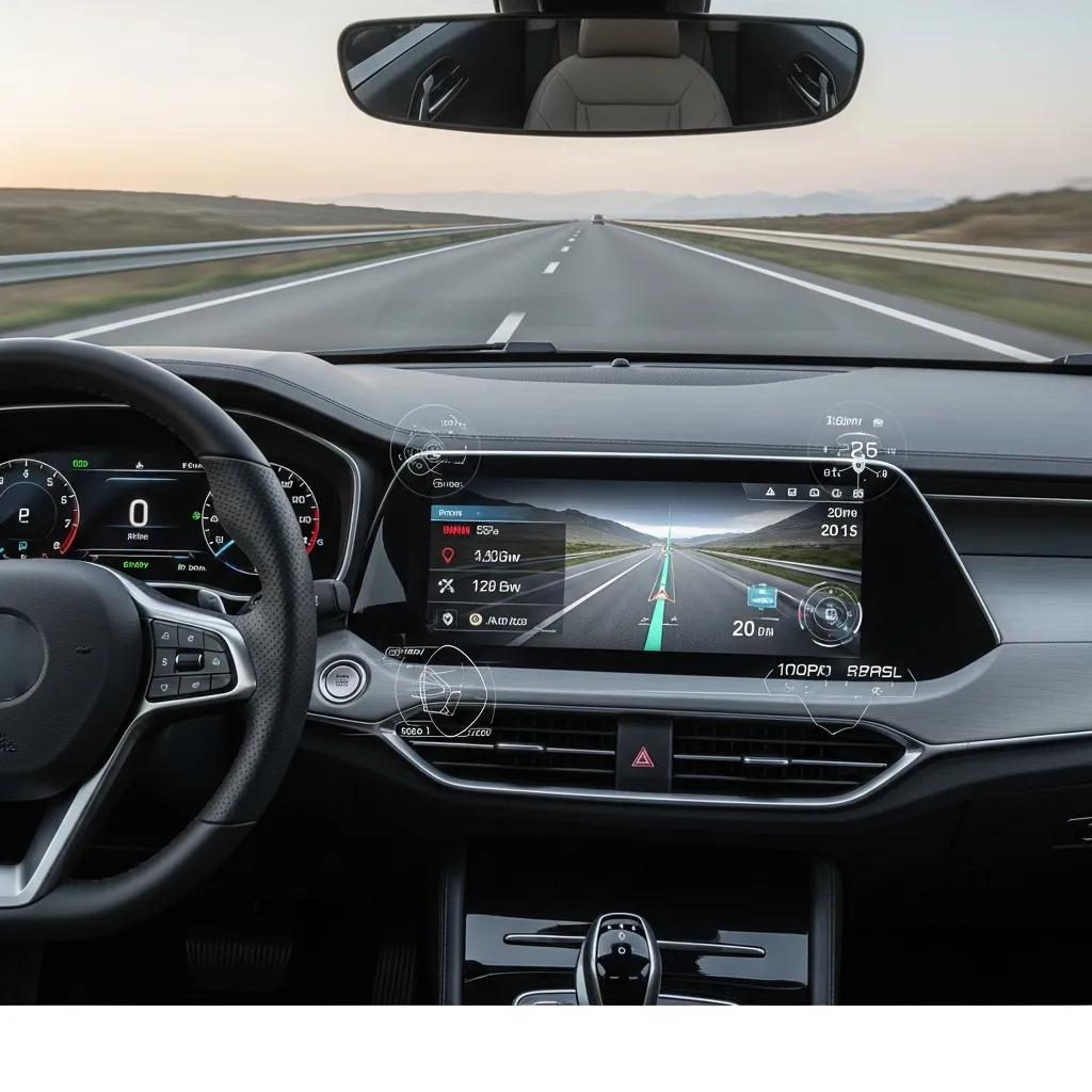 Futuristic car dashboard with augmented reality displays enhancing driving experience