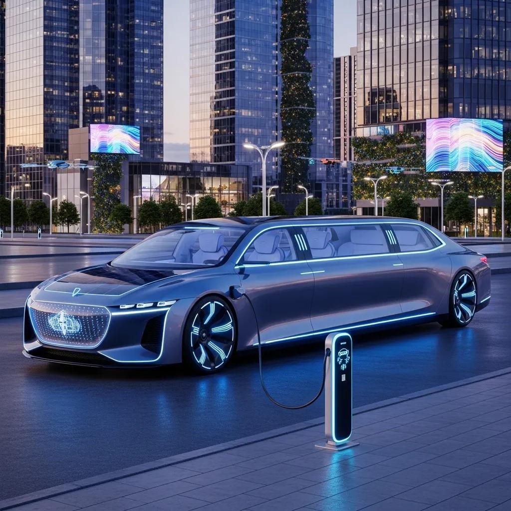 Futuristic electric limousine with smart technology in a modern urban setting