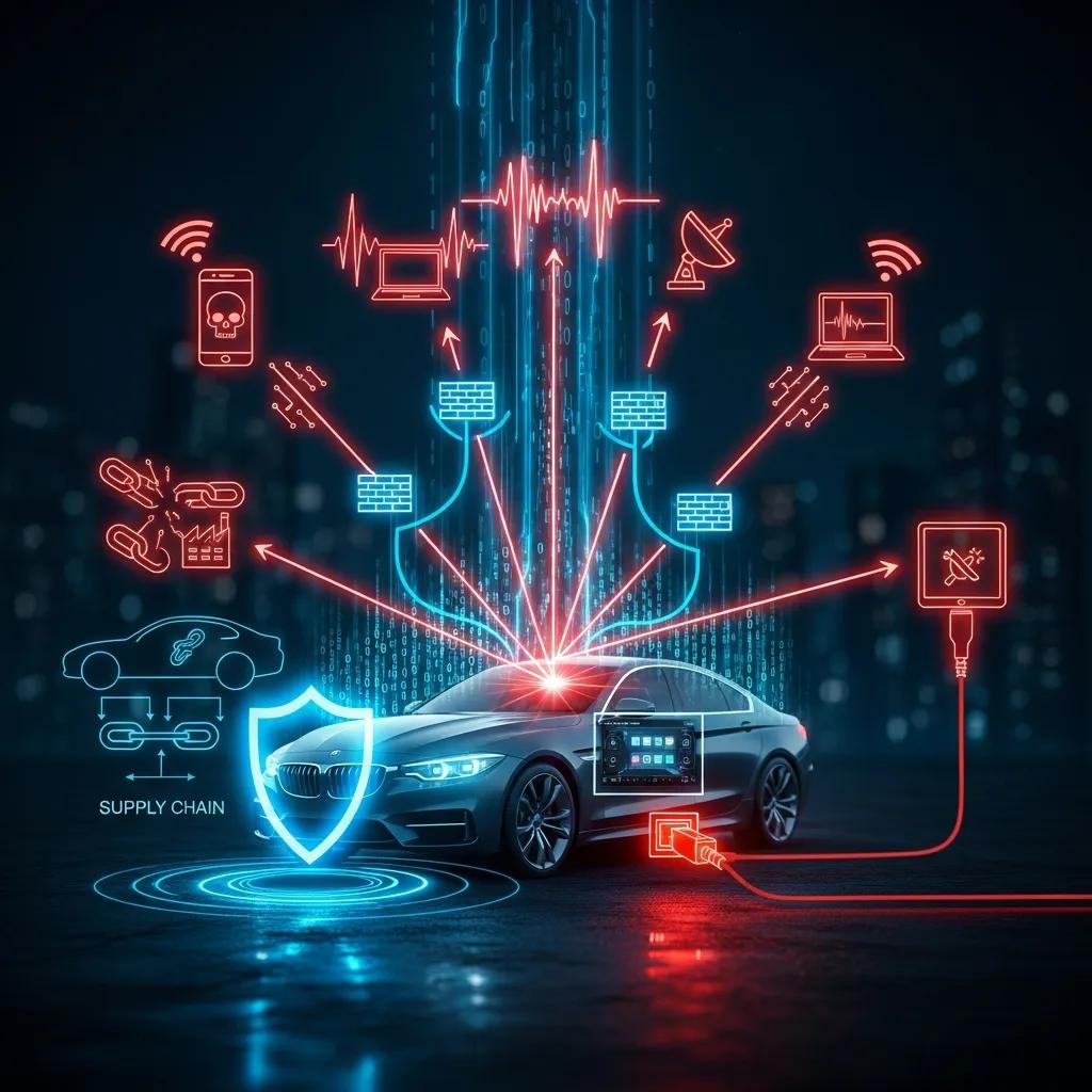 Illustration of automotive cyber attack vectors highlighting connectivity and security