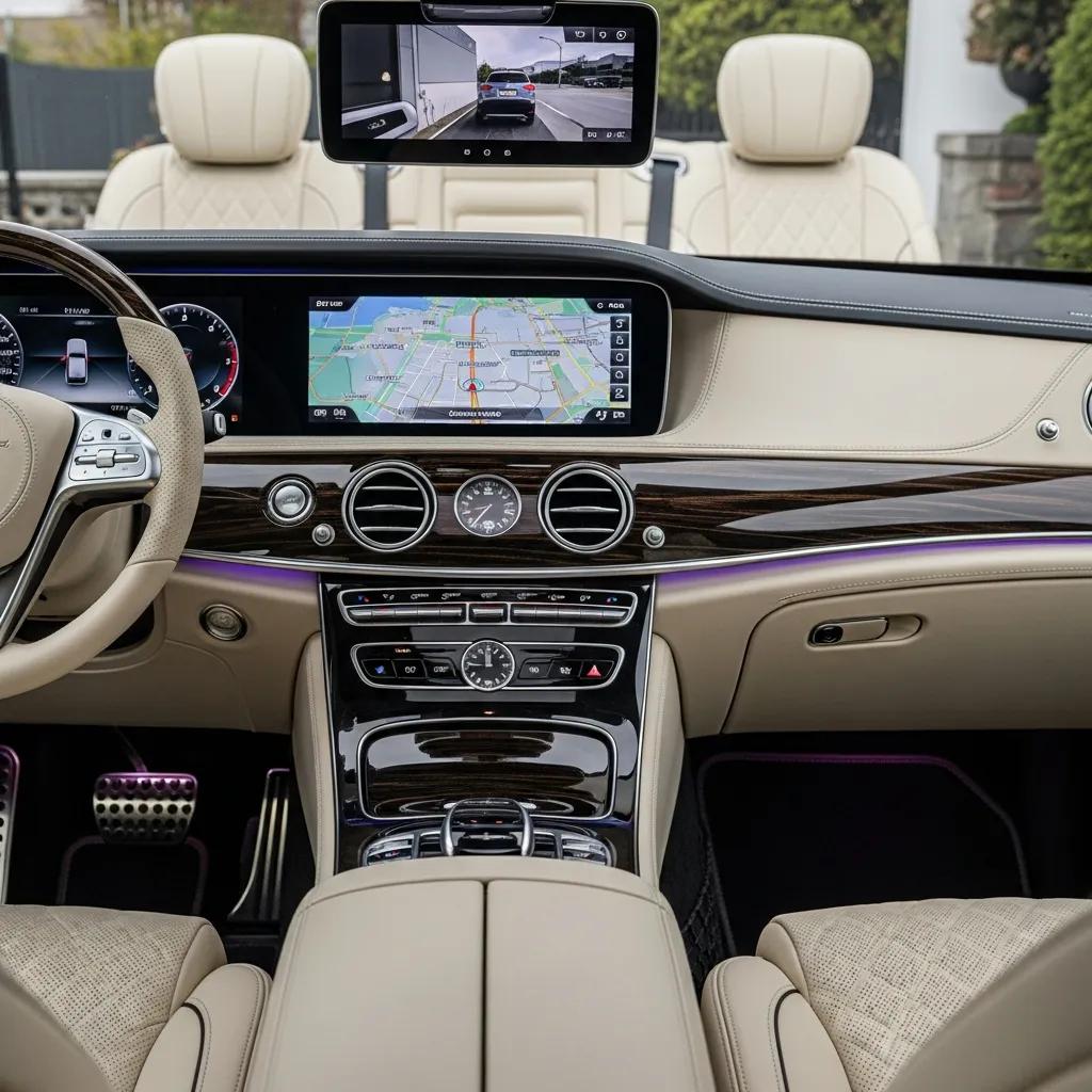 Interior of a luxury chauffeur vehicle showcasing advanced safety features for executive protection