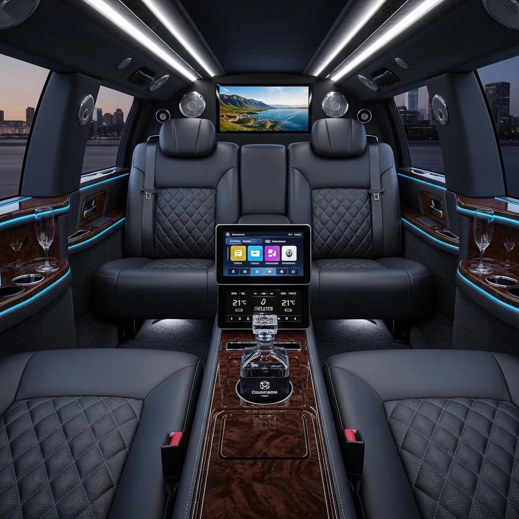 Interior of a luxury limousine featuring bespoke connected services for enhanced passenger comfort