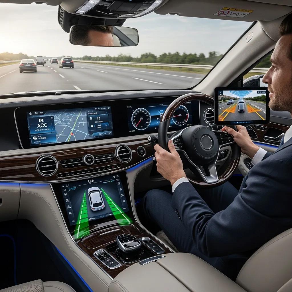 Interior of a luxury limousine showcasing advanced driver assistance systems