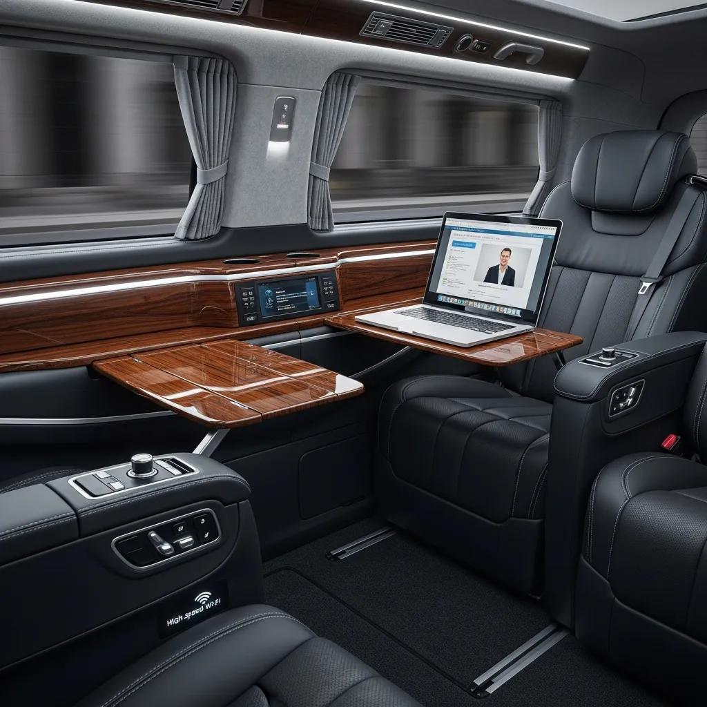 Interior of a luxury vehicle with ergonomic seating and business amenities