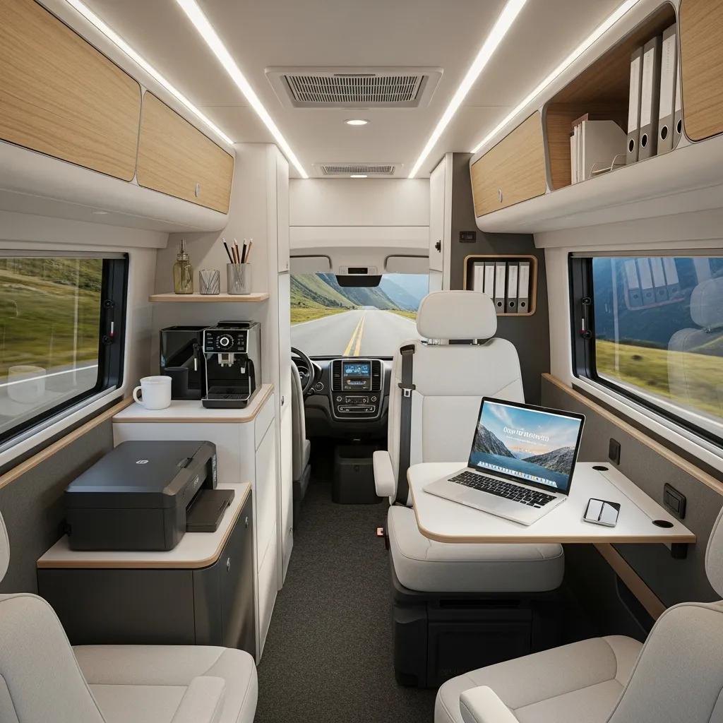 Interior of a mobile workspace vehicle designed for executive productivity during travel