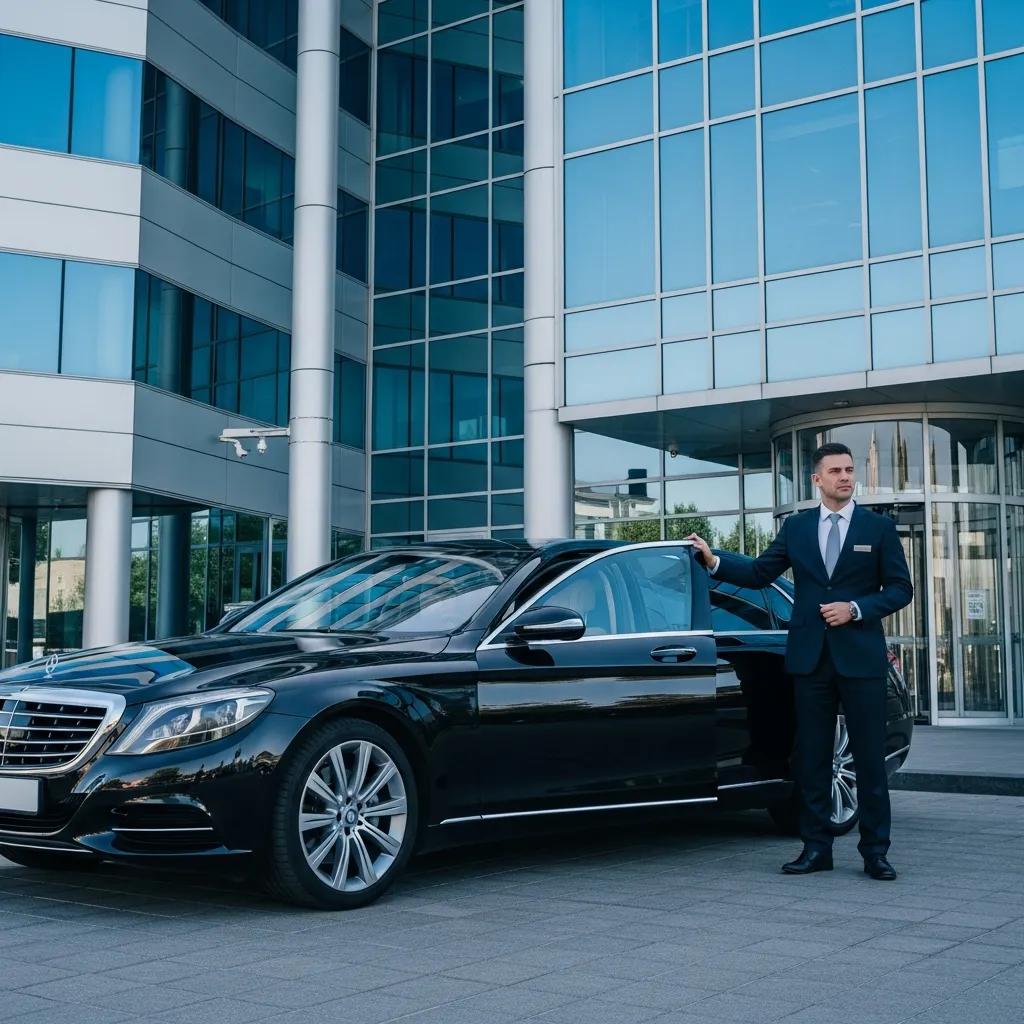Luxury chauffeur vehicle in front of a corporate building representing executive travel security