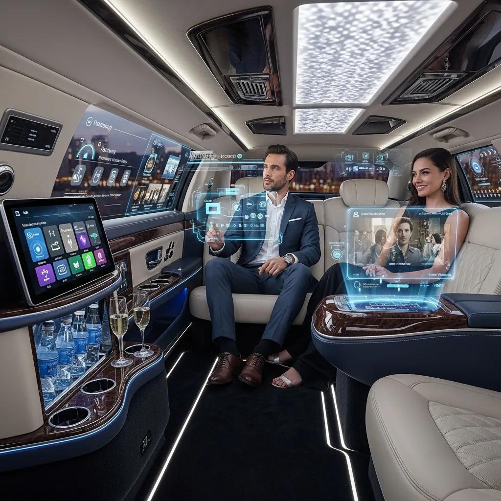 Luxury limousine interior with augmented reality dashboard enhancing passenger experience