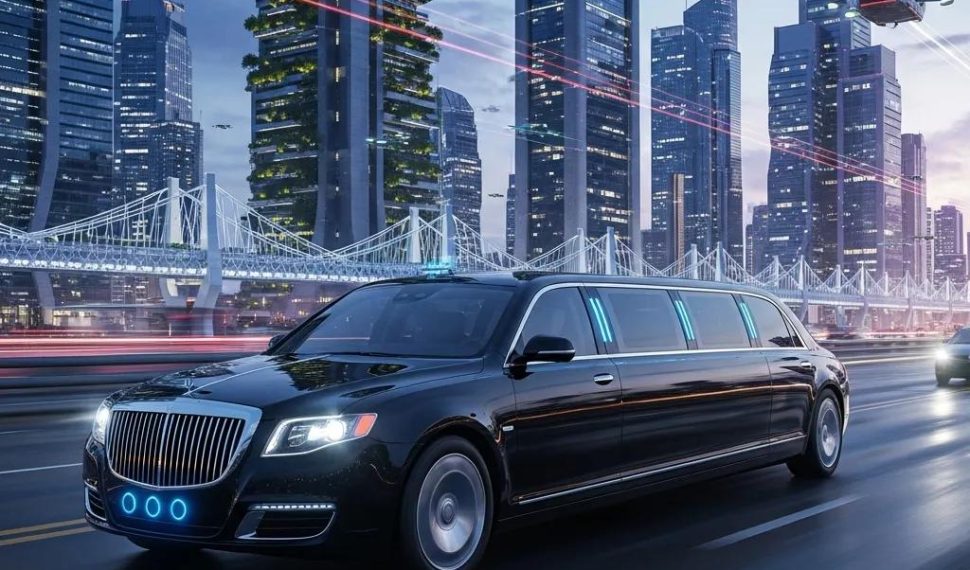 Luxury limousine with autonomous driving technology in a futuristic city