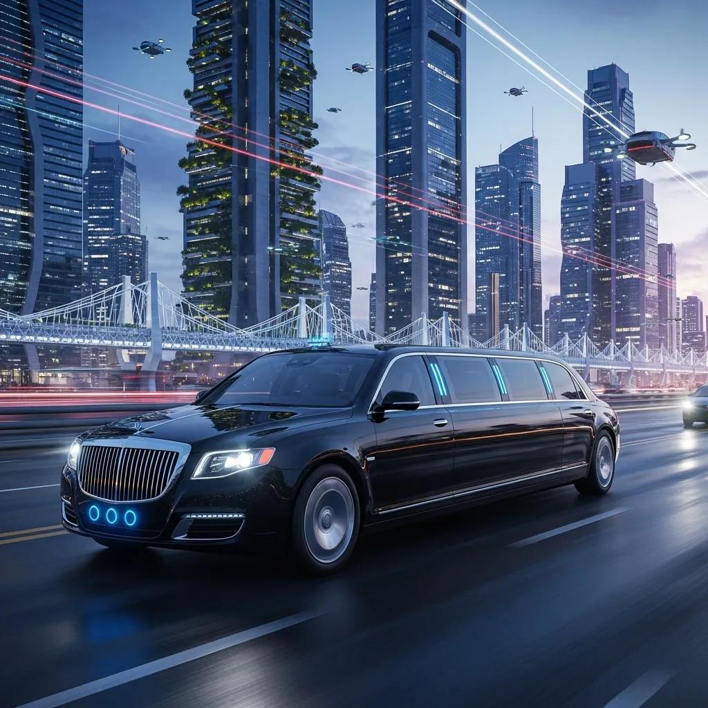 Luxury limousine with autonomous driving technology in a futuristic city