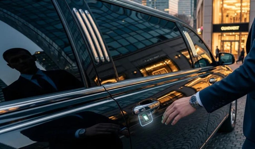 Luxury limousine with biometric access technology in an upscale urban setting