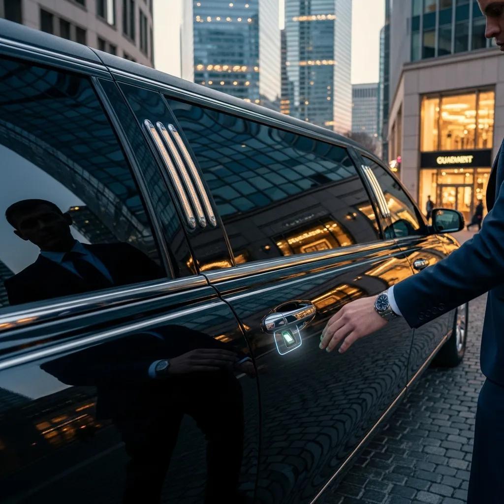 Luxury limousine with biometric access technology in an upscale urban setting