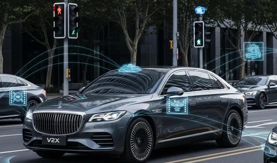 Luxury vehicle showcasing advanced V2X communication technology in an urban environment