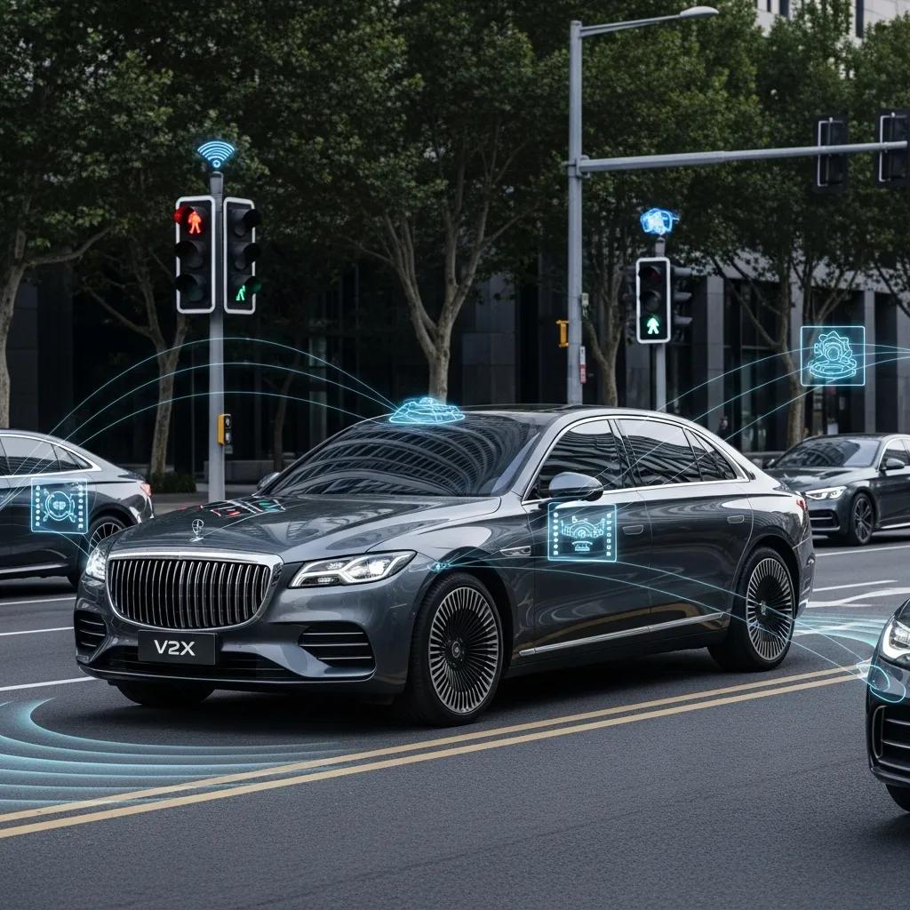 Luxury vehicle showcasing advanced V2X communication technology in an urban environment