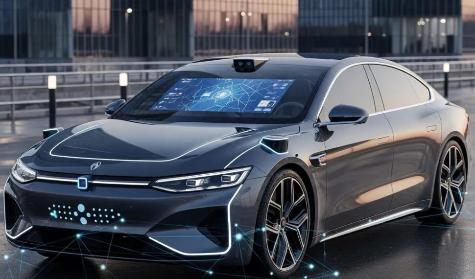 Modern connected car showcasing advanced technology features in an urban setting