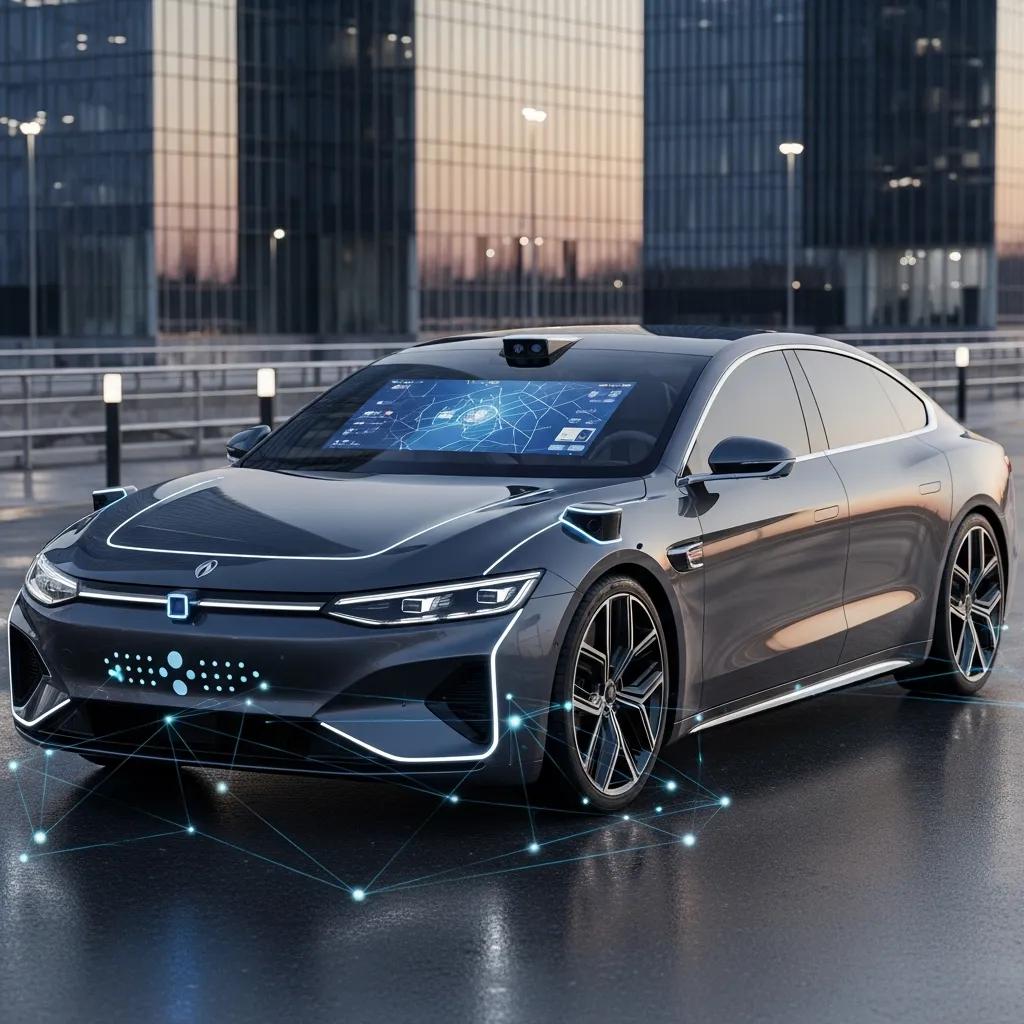 Modern connected car showcasing advanced technology features in an urban setting