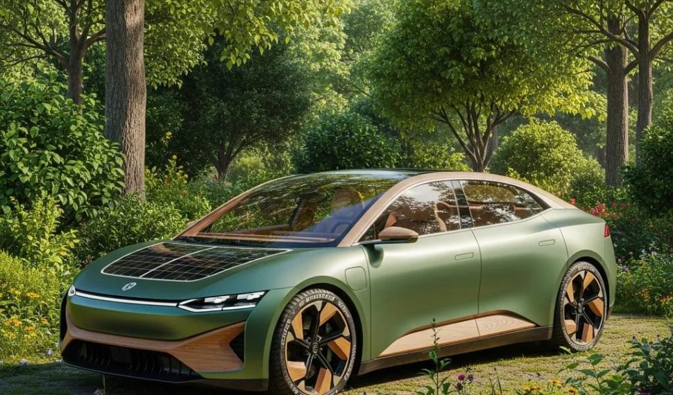 Modern electric car made from sustainable materials in a green environment