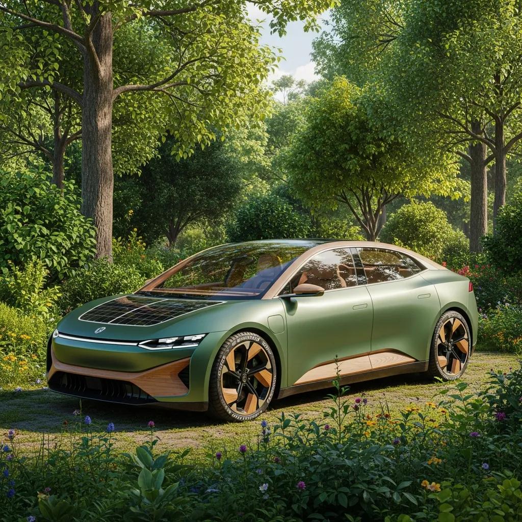 Modern electric car made from sustainable materials in a green environment
