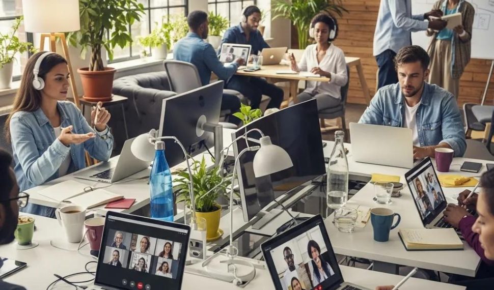 Modern remote workspace showcasing collaboration tools and diverse professionals