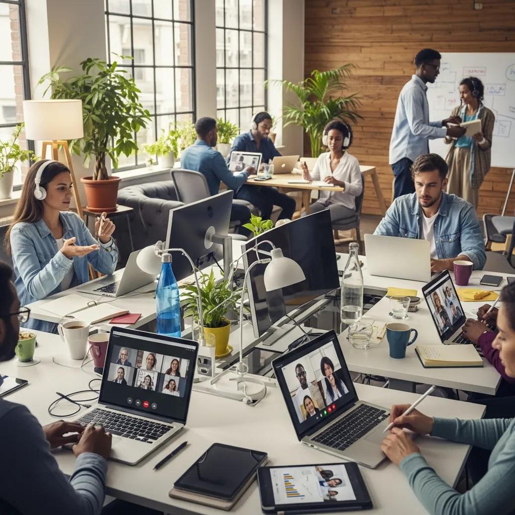 Modern remote workspace showcasing collaboration tools and diverse professionals