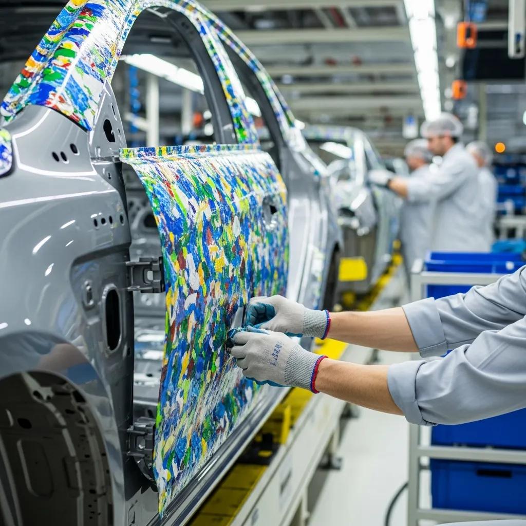 Recycled plastic components being integrated into a car assembly line