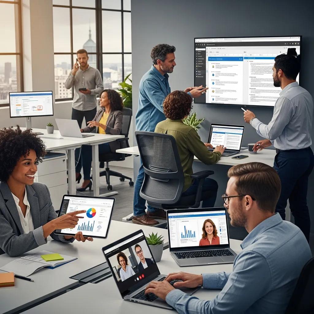Team collaborating using cloud-based productivity tools in a modern office
