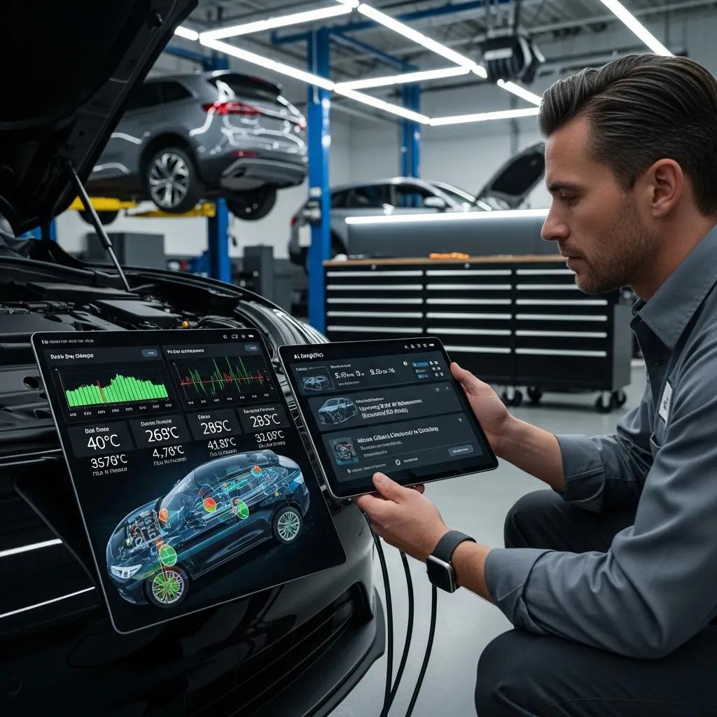 Technician using tablet for vehicle diagnostics, showcasing AI in predictive maintenance
