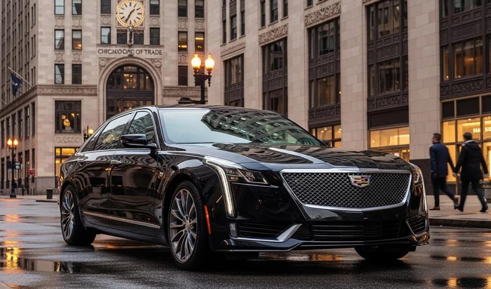 American-made long wheelbase luxury sedan in an urban setting