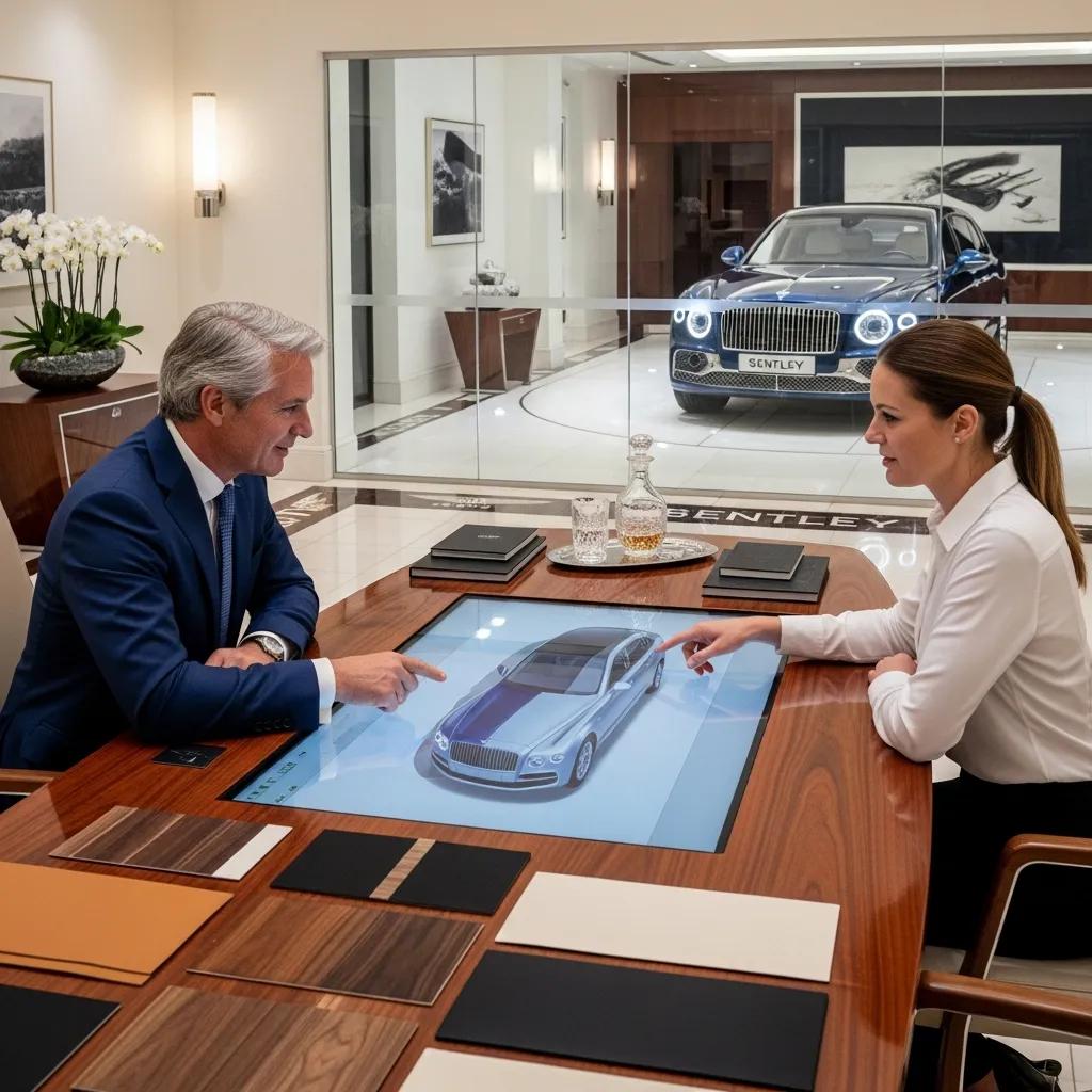 Client consultation for Bentley State Limousine customization in a luxury showroom