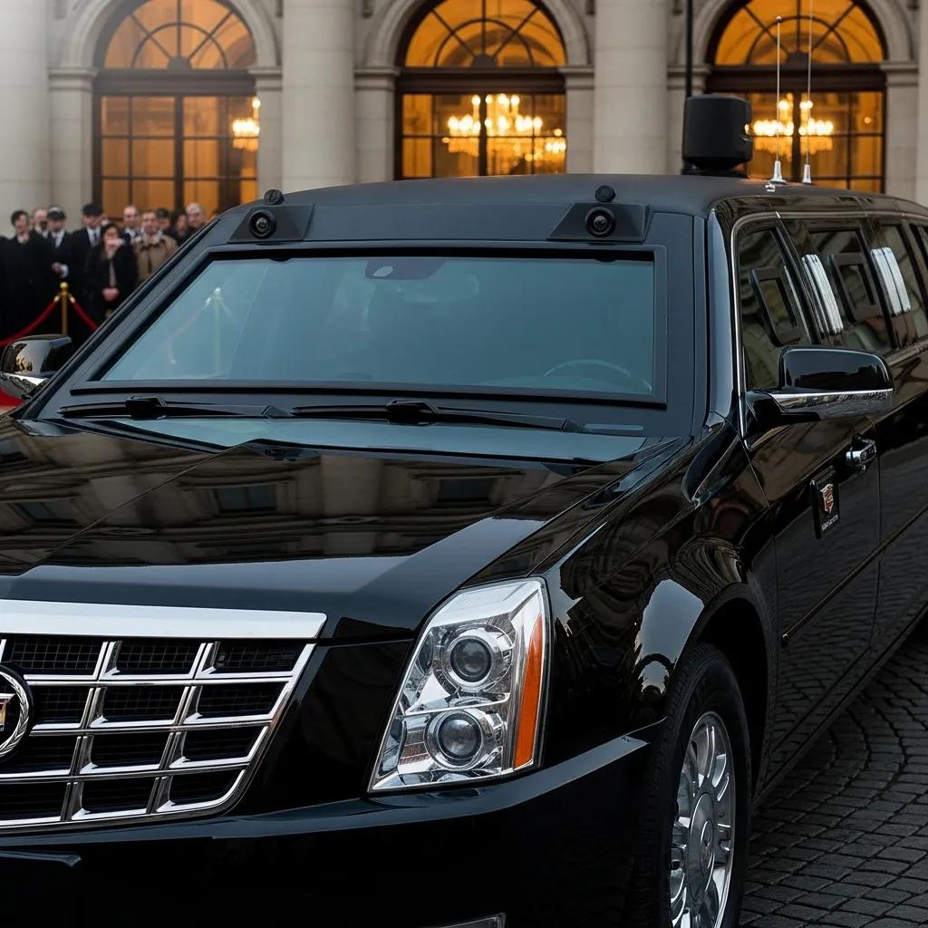 Close-up of a Cadillac armored limousine showcasing its iconic design and security features