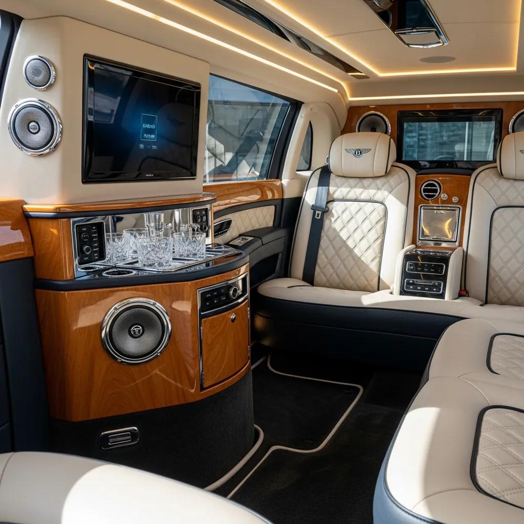 Interior of a customized Bentley State Limousine showcasing luxury features
