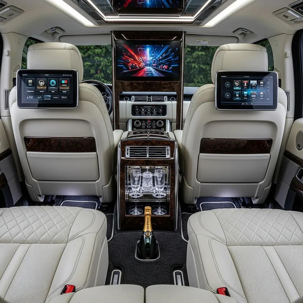 Interior of a luxury Range Rover limousine highlighting premium upholstery and advanced technology features