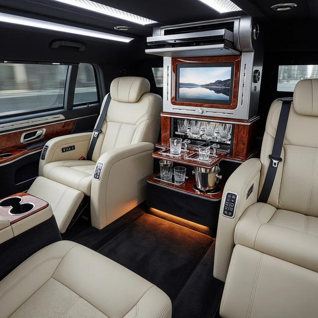 Interior of an armored limousine displaying luxury amenities like reclining seats and an entertainment system