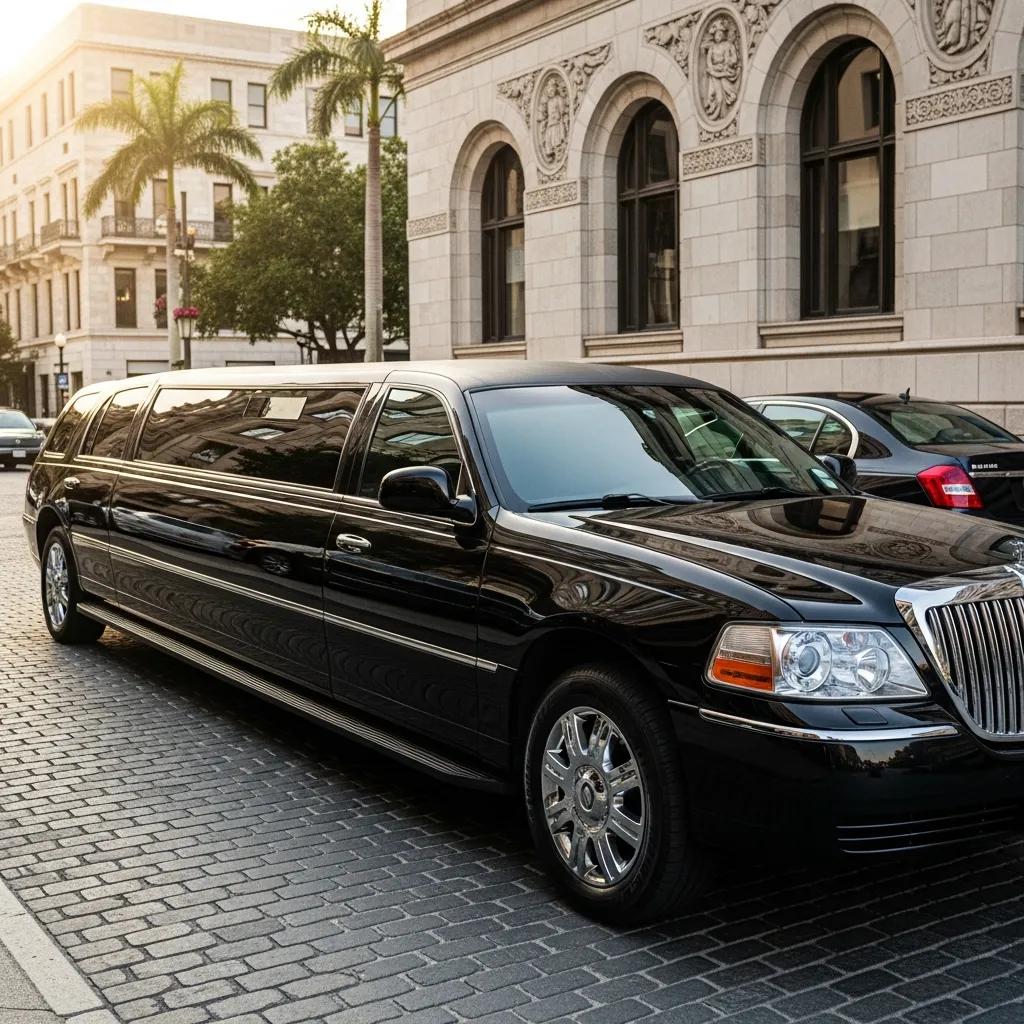 Luxurious armored limousine in an upscale urban setting, emphasizing safety and elegance