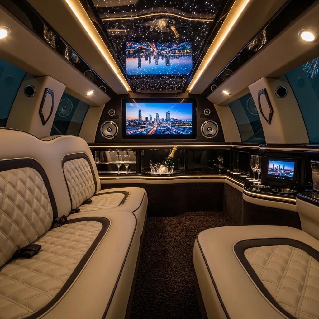 Luxurious bespoke limousine interior with custom upholstery and advanced features