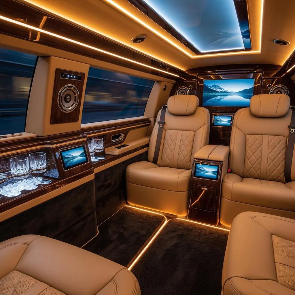 Luxurious interior of an armored limousine with plush seating and high-end amenities