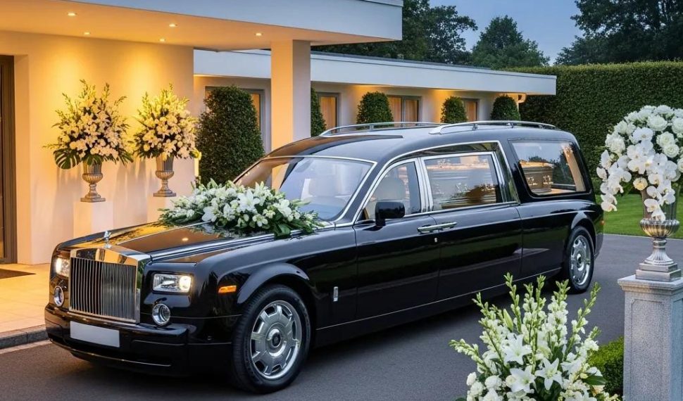 Luxurious Rolls Royce hearse in an elegant funeral setting, showcasing bespoke craftsmanship and dignified service