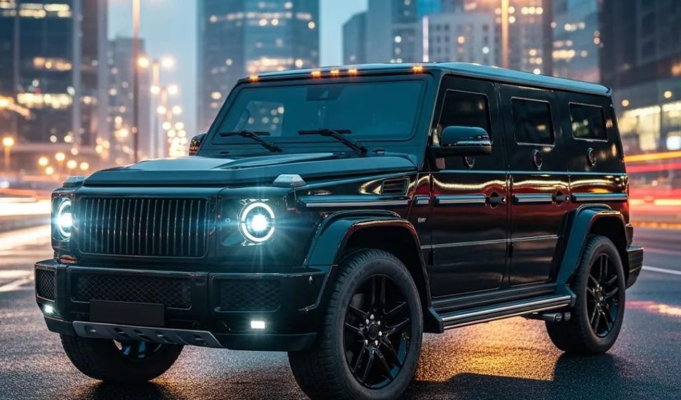 Luxury armored vehicle in urban setting, showcasing design and security features