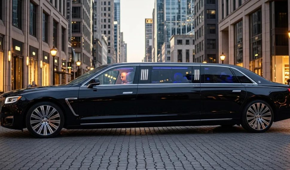 Luxury electric limousine in an upscale urban setting