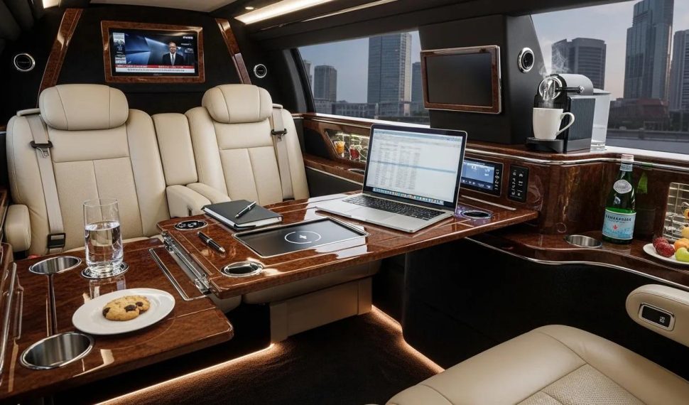 Luxury limousine interior with workspace features for executive travel