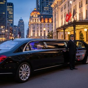 Luxury Mercedes stretch limousine in an upscale urban setting, showcasing elegance and sophistication